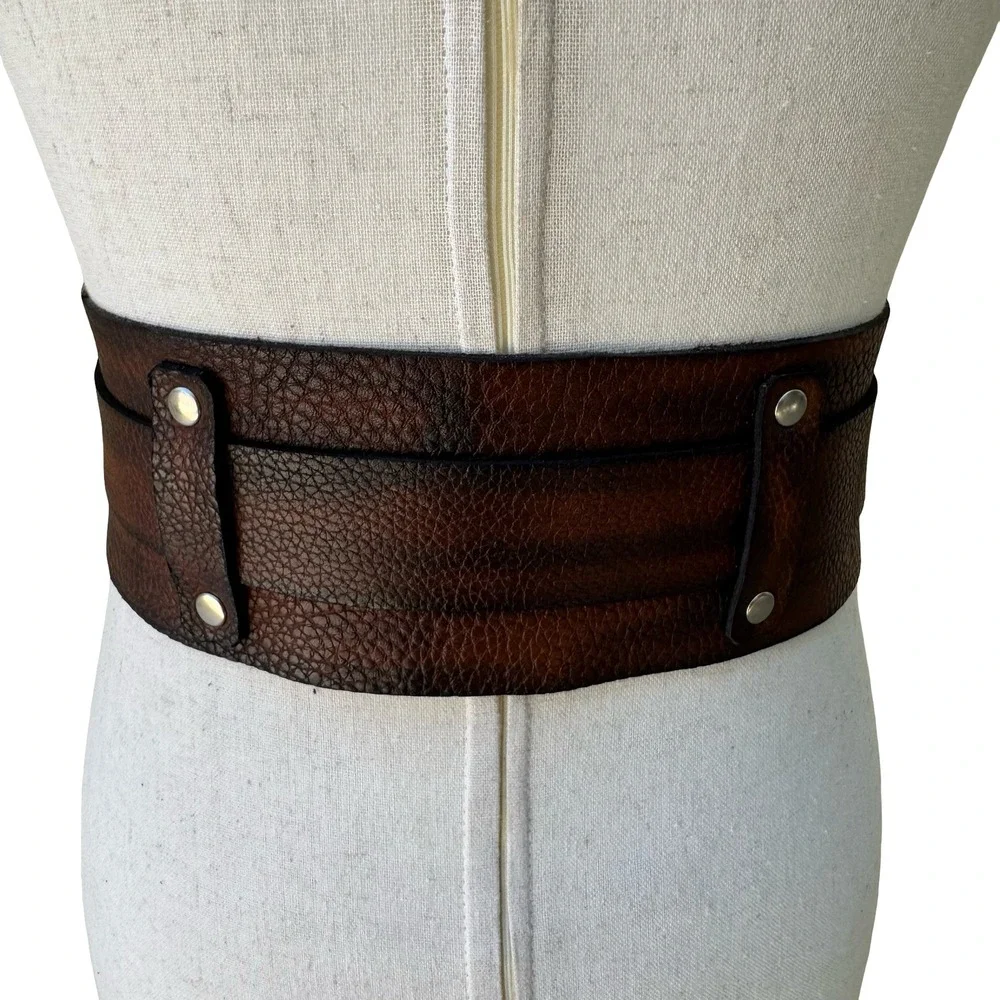 Vintage Y2K Steampunk Western Boho Edgy Brown Distressed Leather Wide Cinch Belt